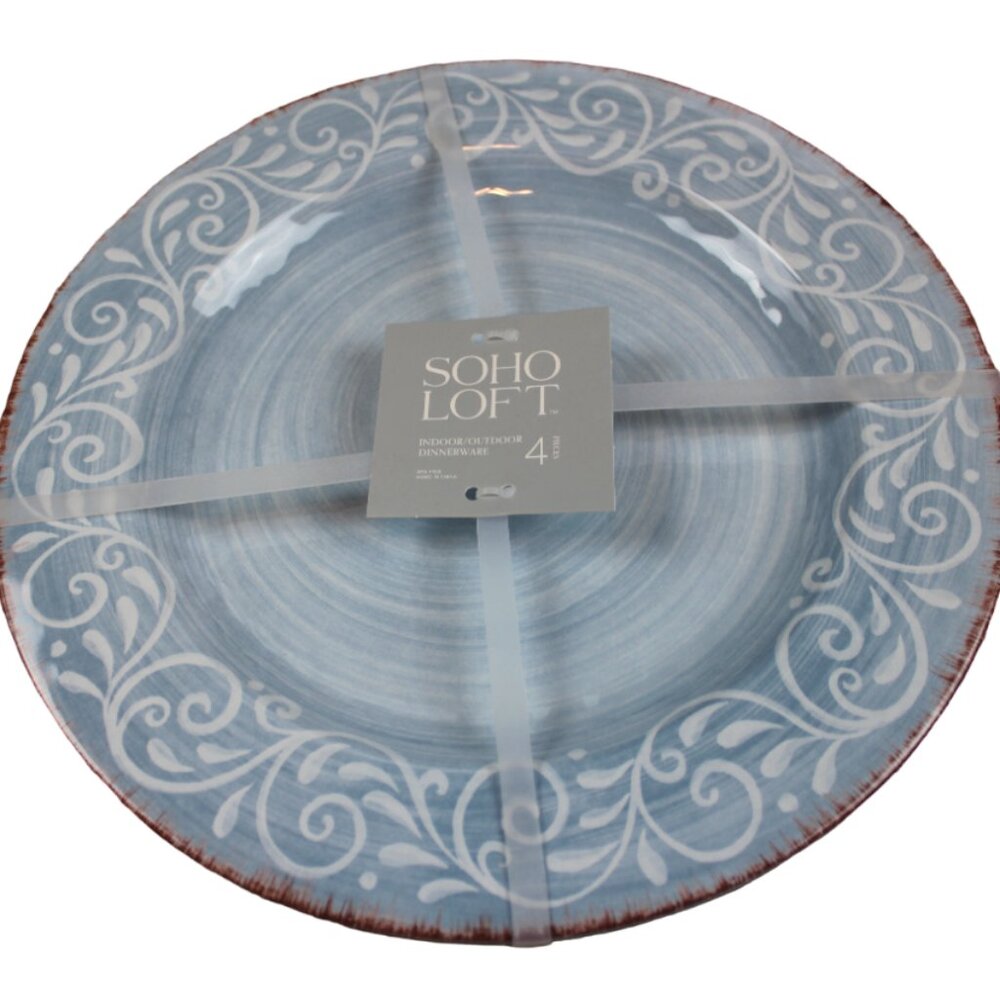 Soho Loft Melamine Dinner Plates Light Blue Swirl Rustic Set of 4 11" NWT RARE